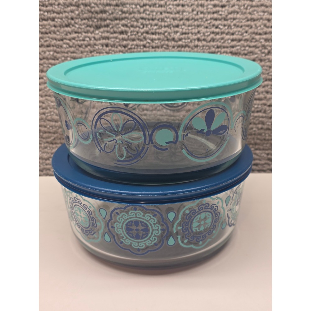 Pyrex Glass Storage Bowls with Lids Teal Navy Blue Medallion Floral Set of 2